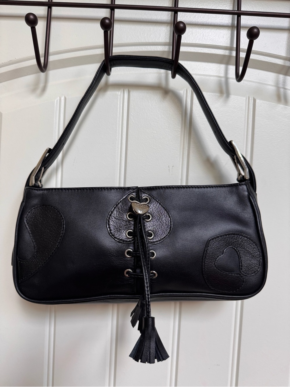 NWOT Lovcat Paris Black Leather Heart Laced Shoulder Purse 10” by 4.5” by 2”